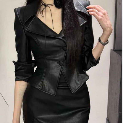 European American Style Coat - Solid Color Waist Tight Long Sleeve Jacket