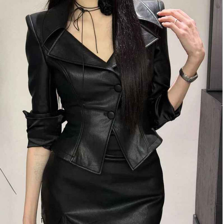 European American Style Coat - Solid Color Waist Tight Long Sleeve Jacket