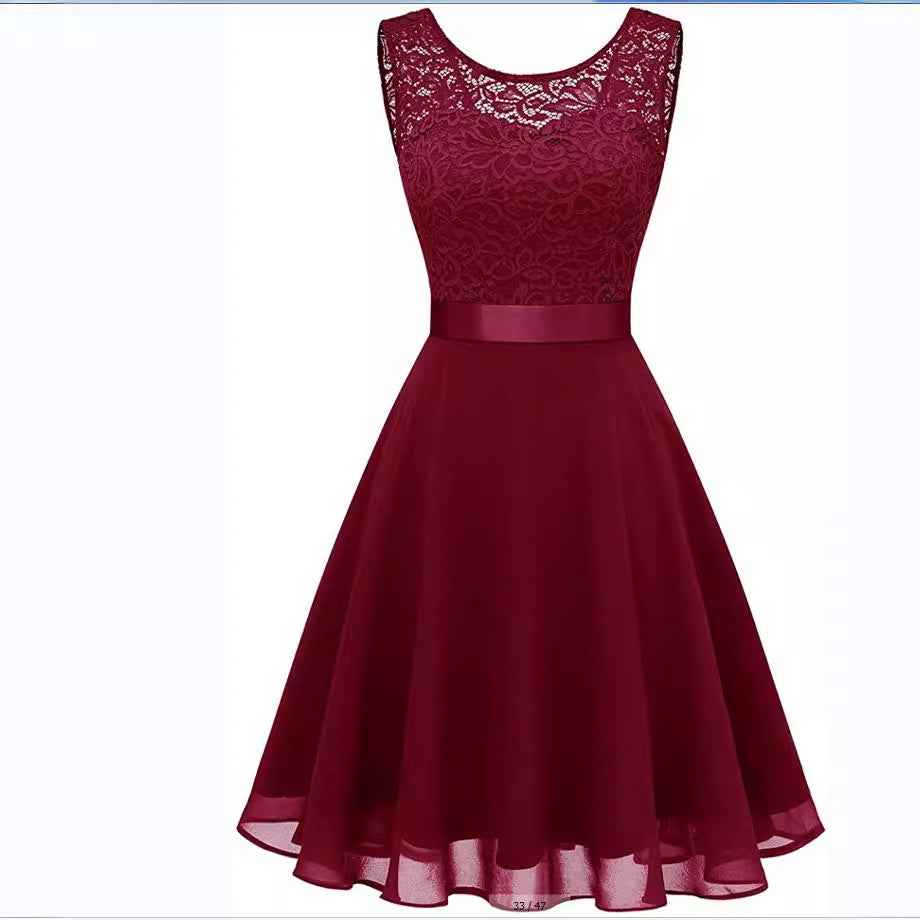 European And American Hollow Waist Solid Color Dress - Sleeveless Lace Hepburn Style