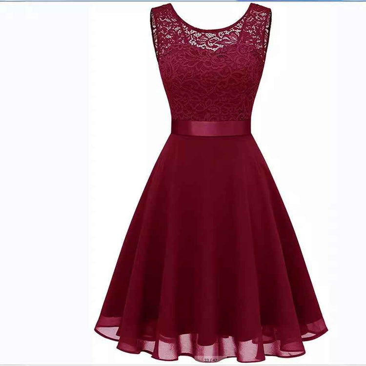 European And American Hollow Waist Solid Color Dress - Sleeveless Lace Hepburn Style