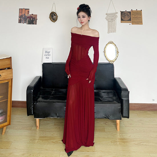 Purple Off-Shoulder Mesh Dress with Fishbone Waist Design - Florence Luxe