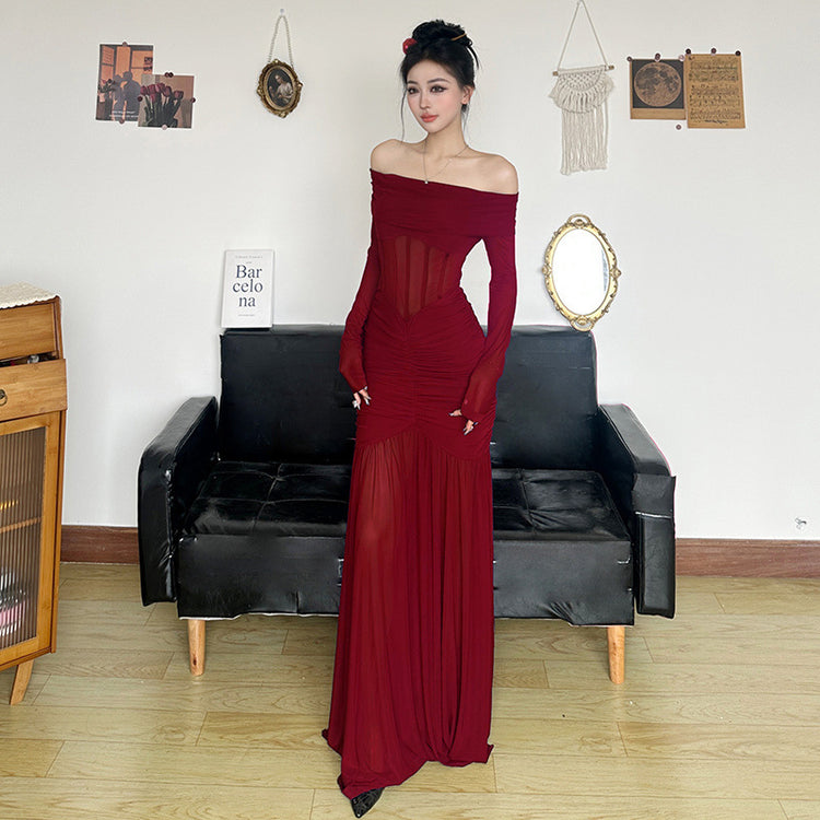 Purple Off-Shoulder Mesh Dress with Fishbone Waist Design - Florence Luxe