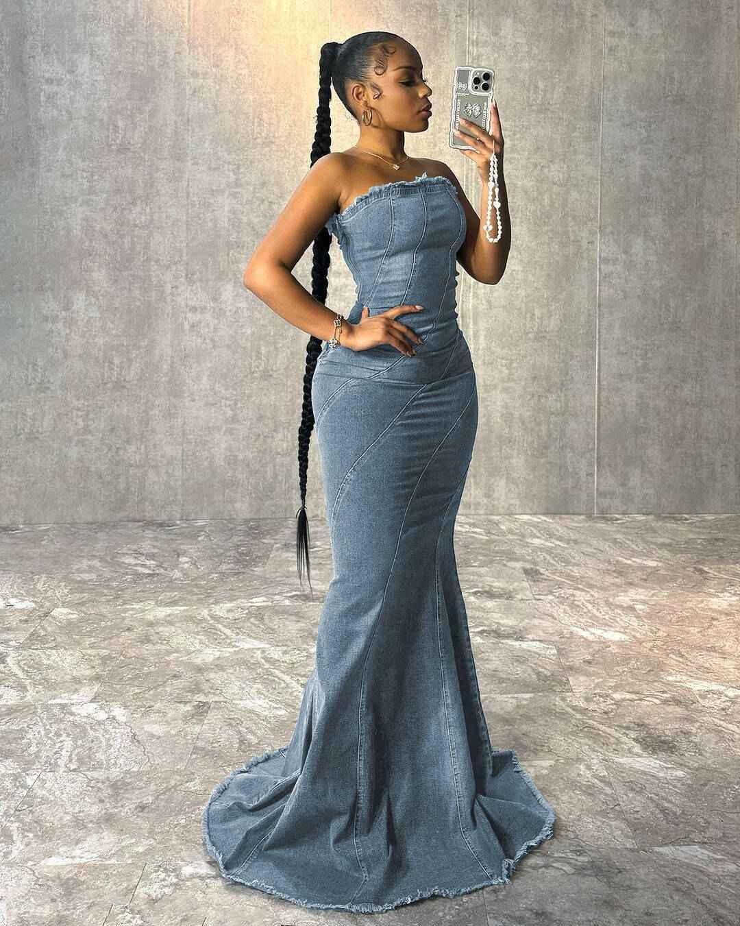 Fashion Slim-fit Chest Wrap Dress Fishtail Hip Wrap Denim Dress