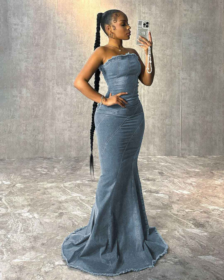 Fashion Slim-fit Chest Wrap Dress Fishtail Hip Wrap Denim Dress