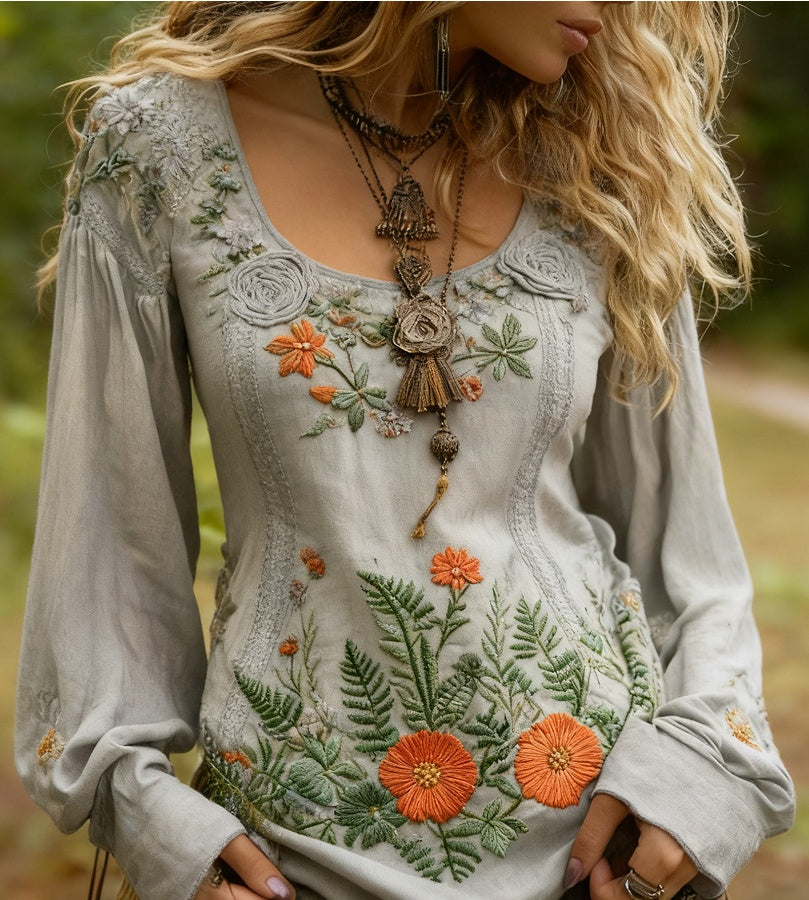 Grass Flower Embroidered Linen Shirt – Elegant & Eco-Friendly Style - Florence Luxe