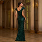 Round Neck Sequined Evening Dress with Beads and Slit for Banquet - Florence Luxe