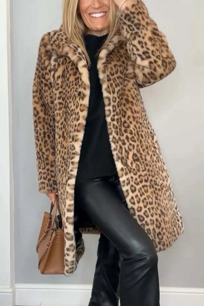 Fall Winter Leopard Print Mid-Length Coat for Cozy Style - Florence Luxe