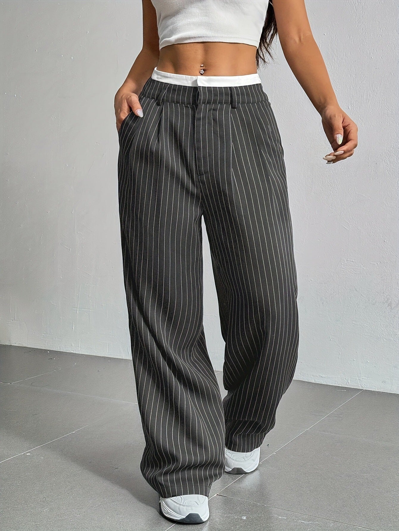 Stripe Printed Trousers Fashion High Waist Straight Leg Pants With Pocket Zipper Casual Suit Pants For Women - Florence Luxe