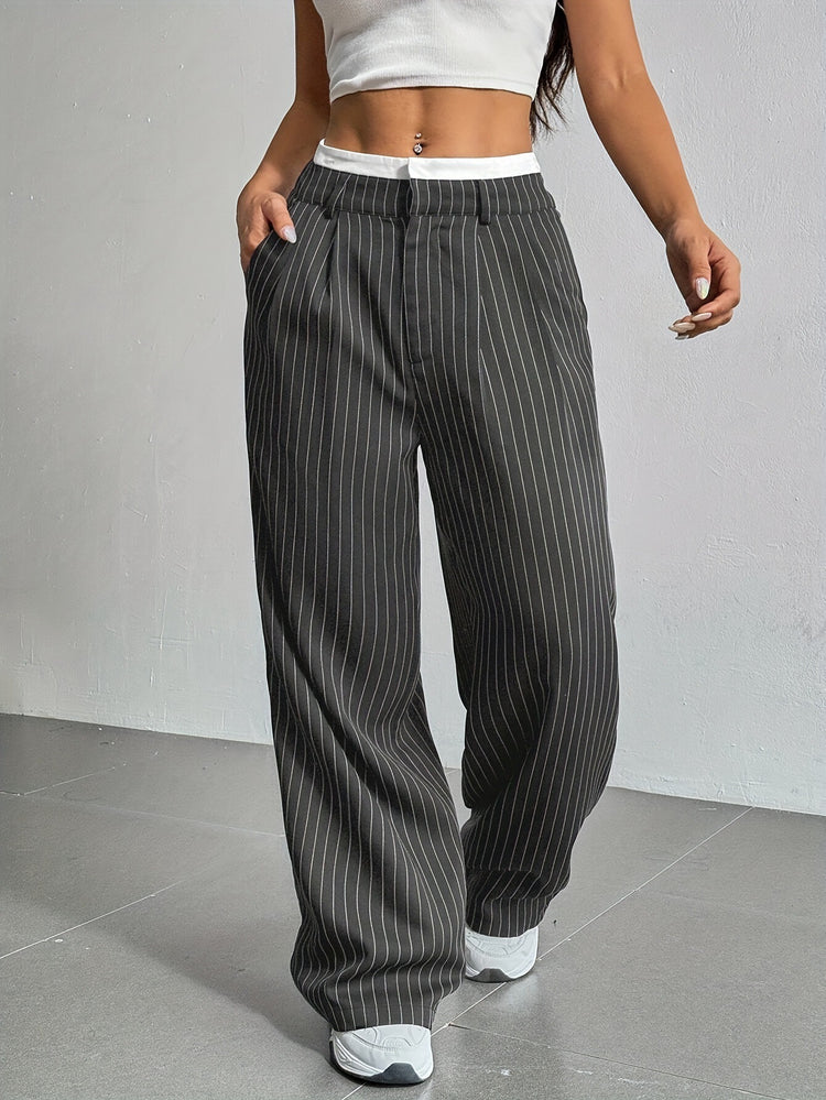 Stripe Printed Trousers Fashion High Waist Straight Leg Pants With Pocket Zipper Casual Suit Pants For Women - Florence Luxe