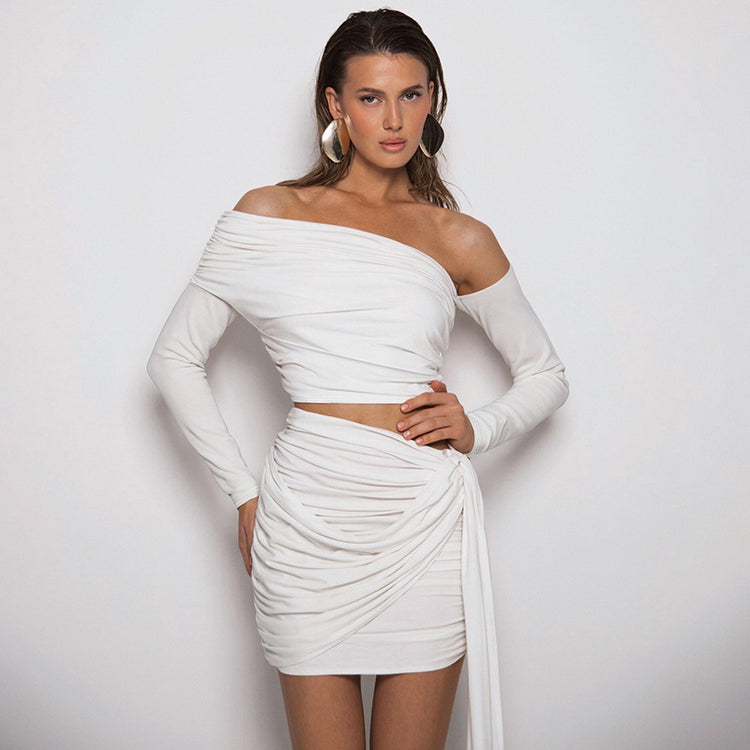 New Oblique Shoulder Long-sleeved Outfit with Slim-fit Pleated Ribbon Hip-wrapped Skirt - Florence Luxe