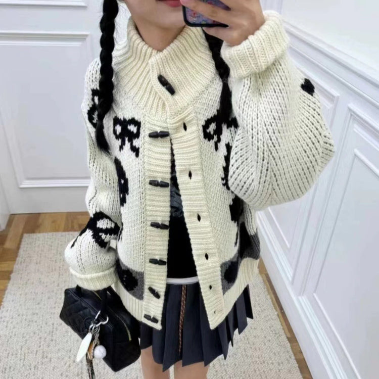 Pattern Stand Collar Knitted Coat For Women.