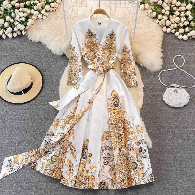 Court Vintage Printing Wide Hem Long Sleeve Dress - Perfect Vintage Long Sleeve Dress for Your Wardrobe