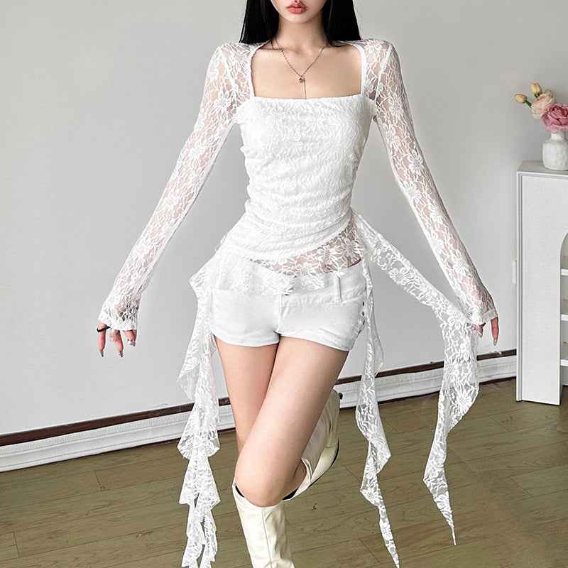 Square Collar Irregular Ribbon Slim Fit Peplum Top Women