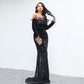 Women Off Shoulder Sequin Maxi Dress with Elegant Long Sleeve and Feather Details - Florence Luxe