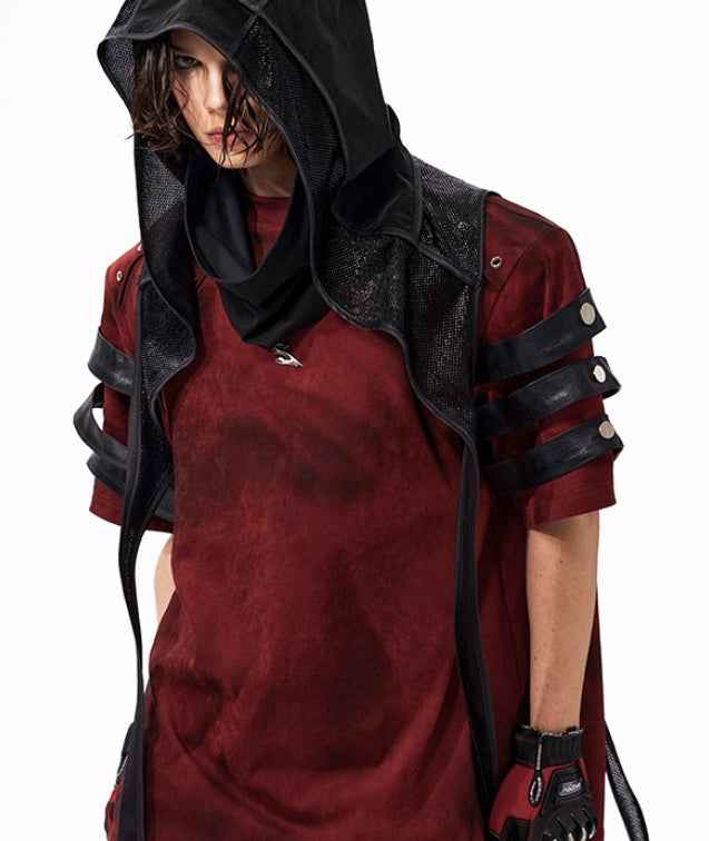 Dark Leather Patchwork T-Shirt in Dirty Dyed Red