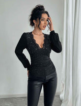 V-neck Lace Stitching Rhinestone Side Pleating T-shirt