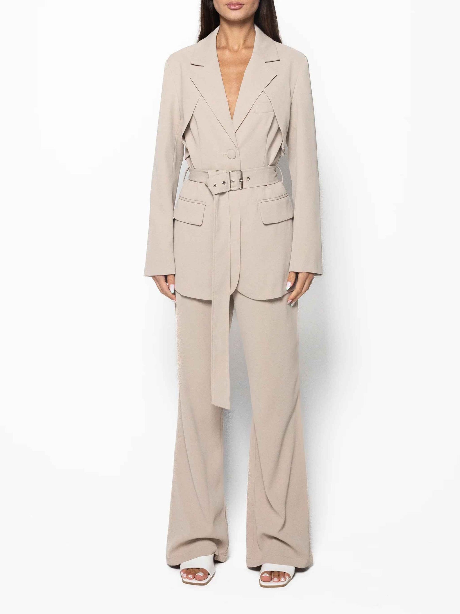 Elegant Solid Color Belted Blazer & High Waist Pants Set
