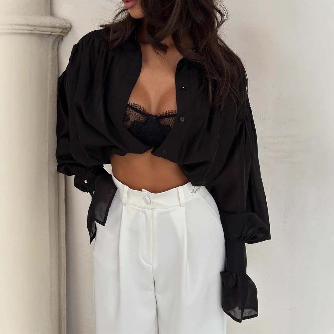 Ins French Lantern Sleeve Shirt Fashion Button Lapel Long Sleeved Tops Casual Women&