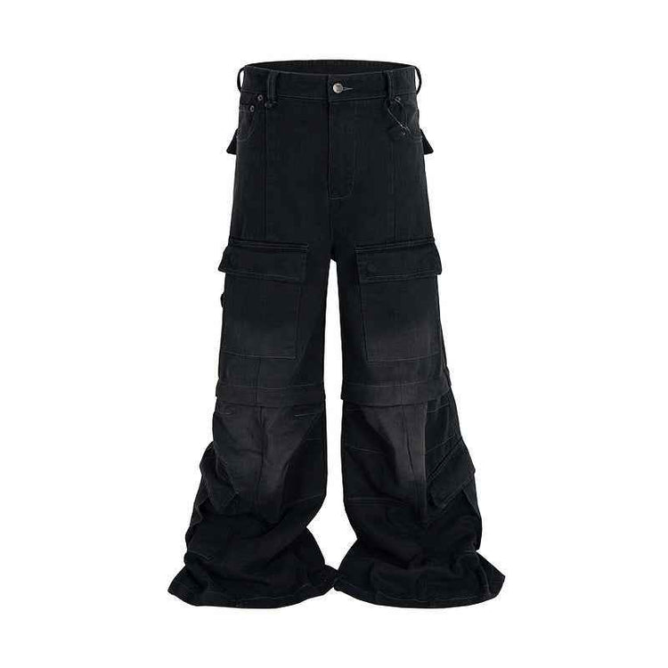 Detachable Multi-Pocket Overalls - Worn-Looking Washed-Out Two-Way Style