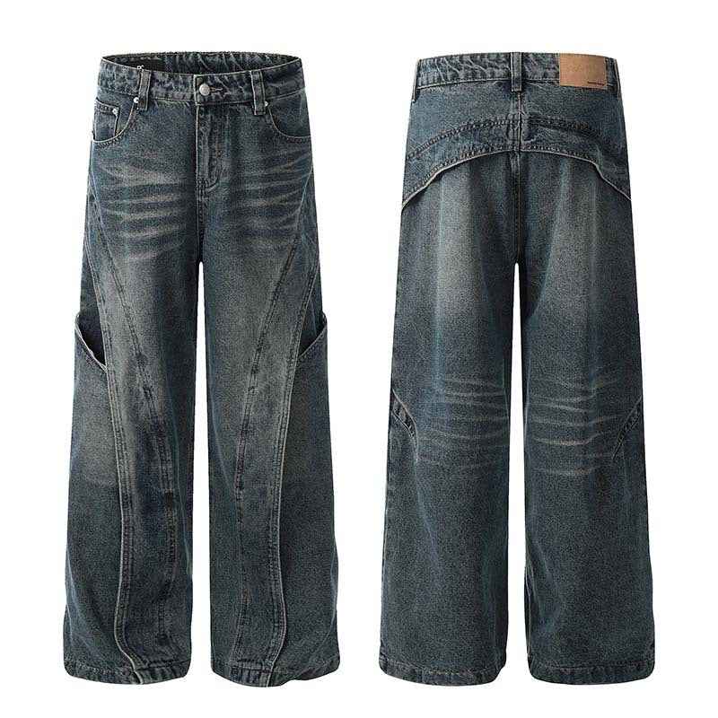 American Retro Wide Leg Jeans Men - Heavy Industry Deconstruction Stitching