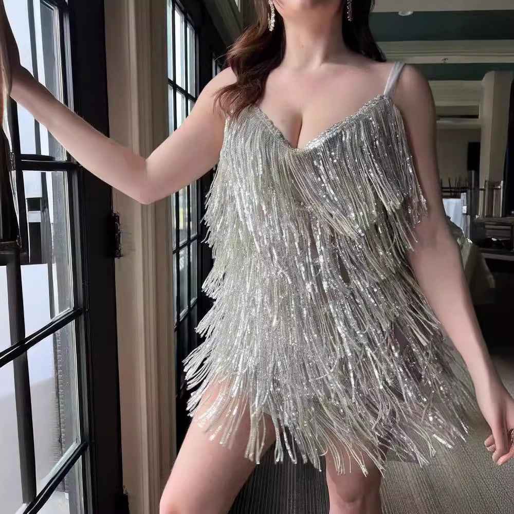 Sheath Sleeveless Sequined Tassel Dress with Sexy Suspenders and Glitter