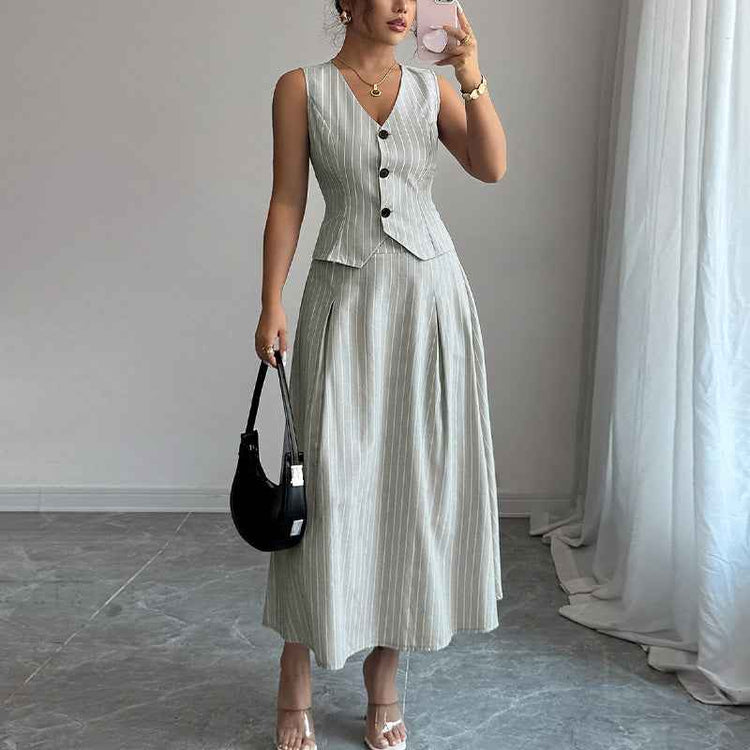 Vest Skirt Two-piece Set Striped Dress Suit For Women