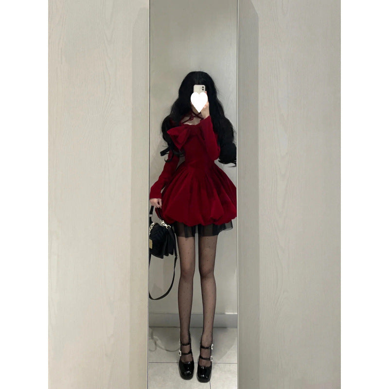 Classic Style Red Halter Velvet Dress.