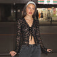 See-through Hollow Cardigan Lace-up Long Sleeve T-shirt.