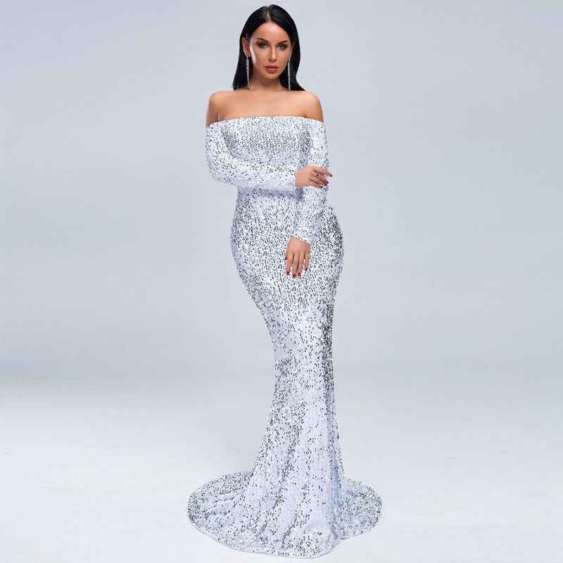 Strapless Long Sleeve Sequins Evening Dress for Parties - Perfect Strapless Sequins Evening Dress