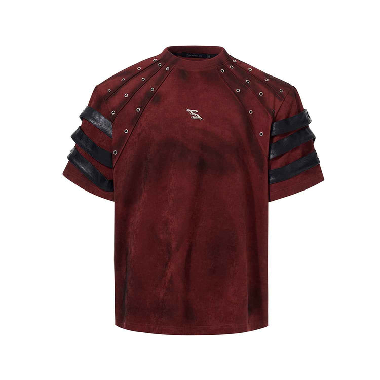 Dark Leather Patchwork T-Shirt in Dirty Dyed Red
