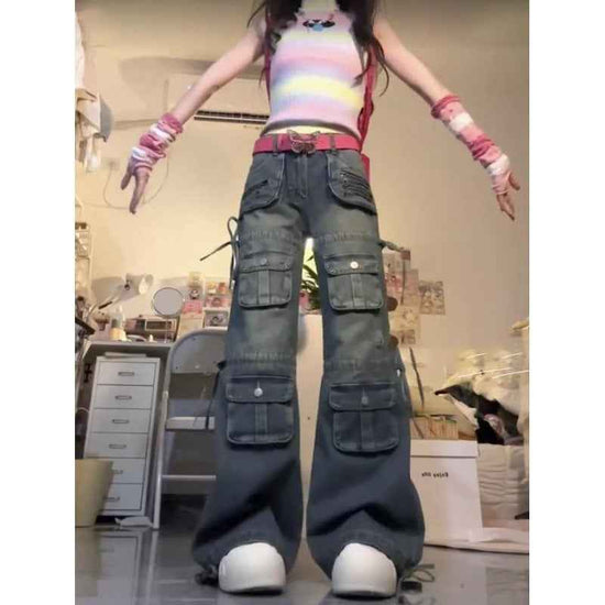 Plus Size Vintage Workwear Jeans with Multi-Pockets - Washed-Out Style for Women