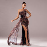 One-Shoulder Leopard Sequined Evening Dress with Diagonal Collar - Florence Luxe