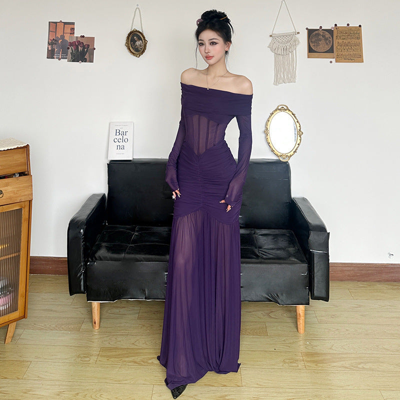 Purple Off-Shoulder Mesh Dress with Fishbone Waist Design - Florence Luxe