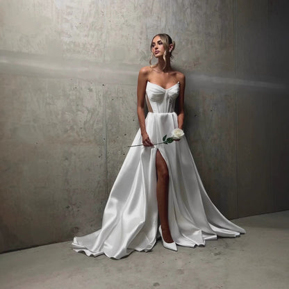 White Satin Bandage Wedding Dress with Slit Pocket
