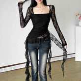 Square Collar Irregular Ribbon Slim Fit Peplum Top Women