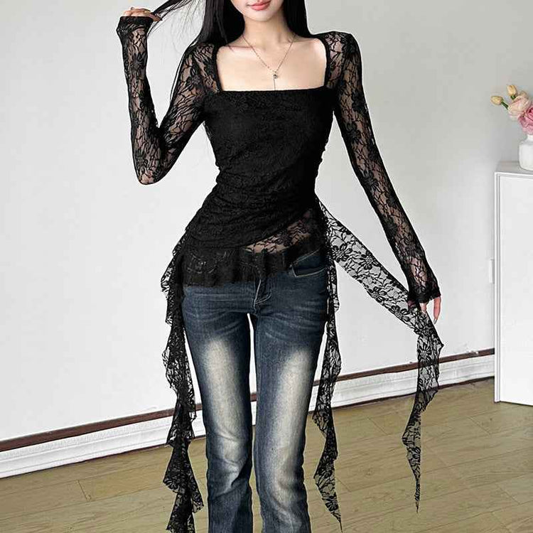 Square Collar Irregular Ribbon Slim Fit Peplum Top Women