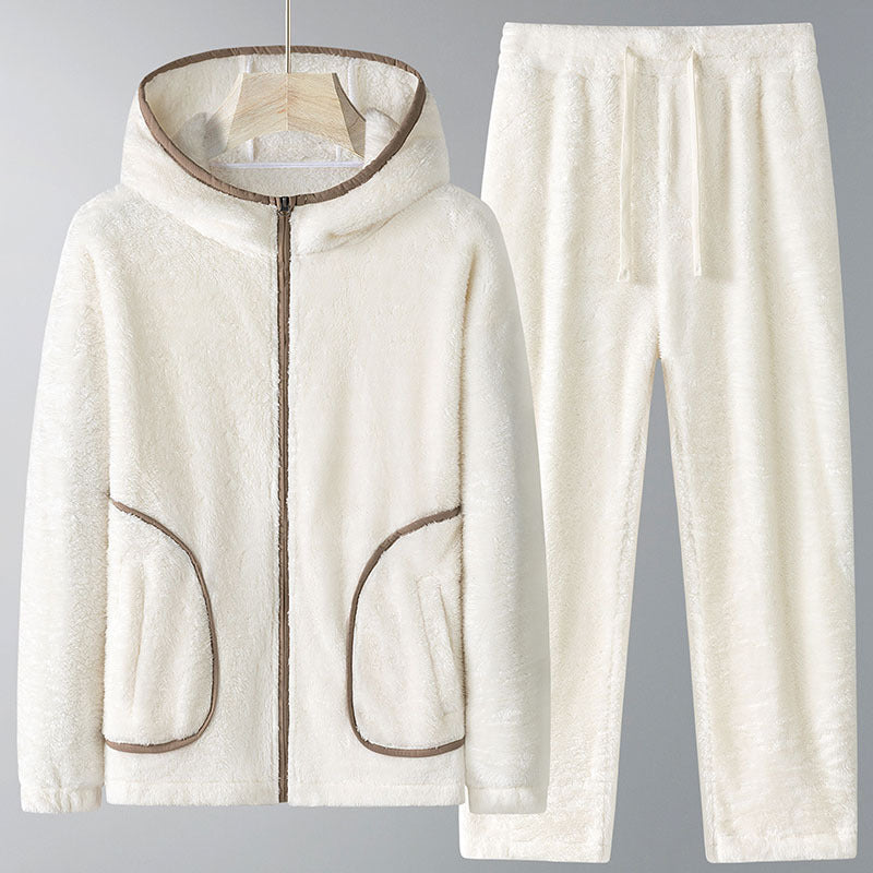 Winter Coral Fleece Heavy Velvet Thickened Zipper Cardigan Plus Size Pajamas Suit in white, featuring a hood and soft pants.