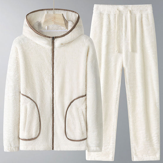 Winter Coral Fleece Heavy Velvet Thickened Zipper Cardigan Plus Size Pajamas Suit in white, featuring a hood and soft pants.