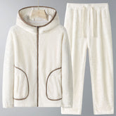 Winter Coral Fleece Heavy Velvet Thickened Zipper Cardigan Plus Size Pajamas Suit in white with hooded jacket and trousers.