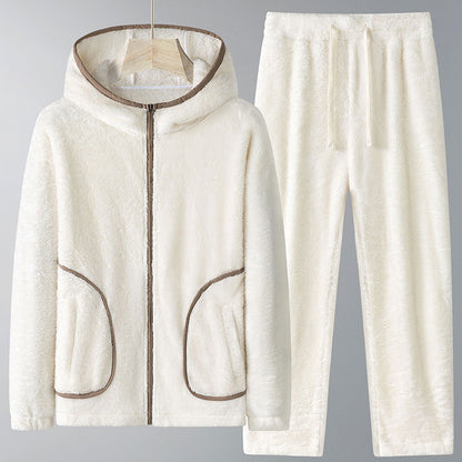 Winter Coral Fleece Heavy Velvet Thickened Zipper Cardigan Plus Size Pajamas Suit in white with hooded jacket and trousers.