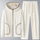 Winter Coral Fleece Heavy Velvet Thickened Zipper Cardigan Plus Size Pajamas Suit in white with hooded jacket and trousers.