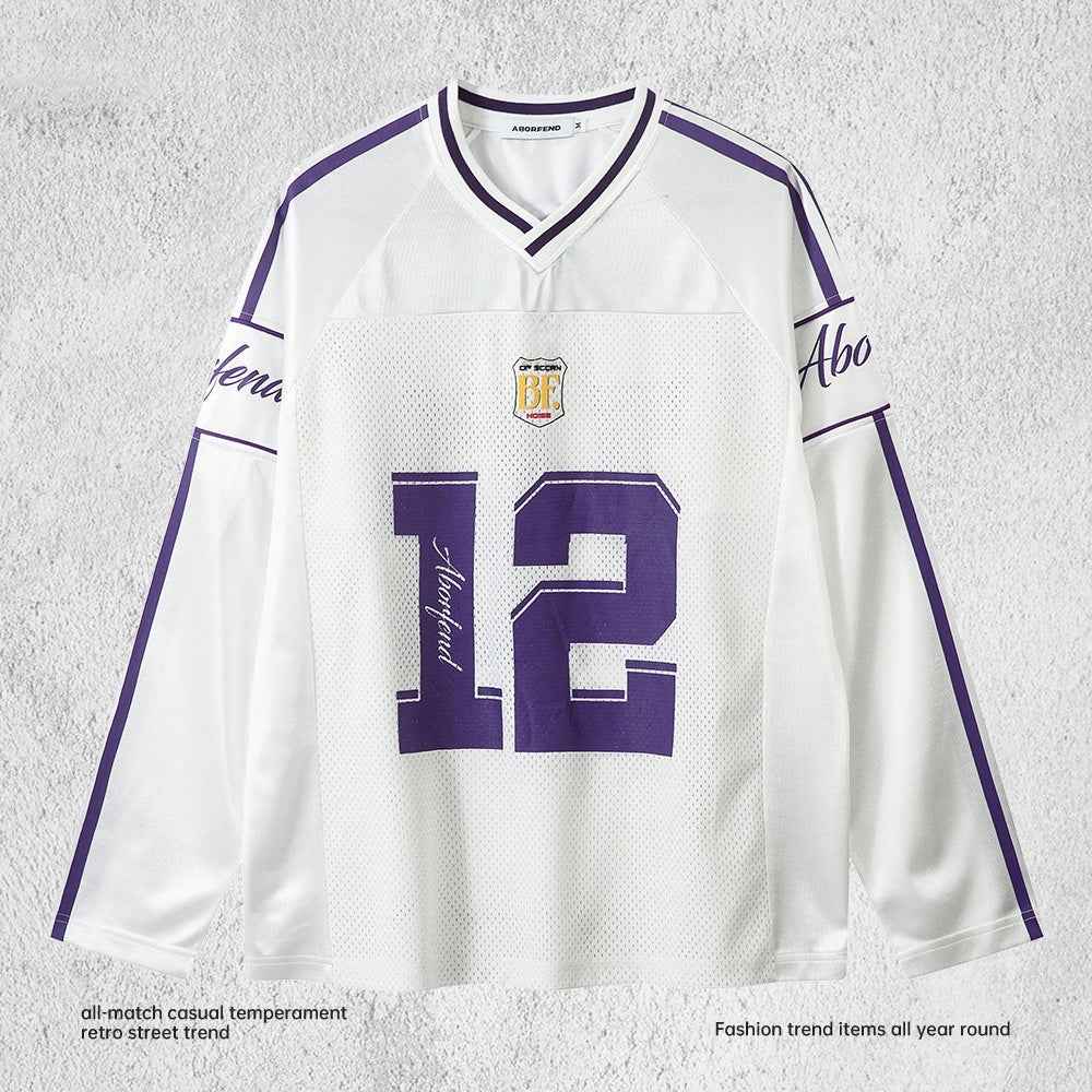 Digital Printed Long-sleeved T-shirt Jersey Contrast Color V-neck Top