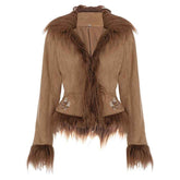 Vintage Fur Collar Coat with Flower Embroidery - Short Warm Design