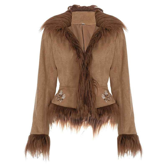 Vintage Fur Collar Coat with Flower Embroidery - Short Warm Design