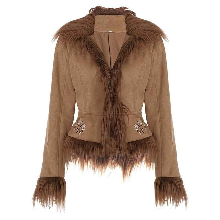 Vintage Fur Collar Coat with Flower Embroidery - Short Warm Design