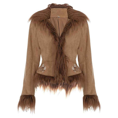 Vintage Fur Collar Coat with Flower Embroidery - Short Warm Design