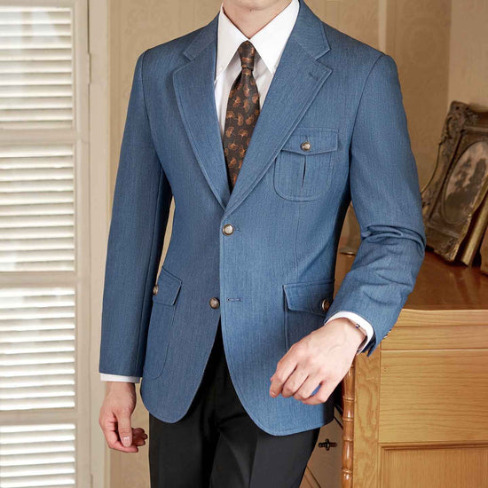 Anti-wrinkle Easy-to-care Suit with Washed Vintage Denim Wide-leg Pants Men