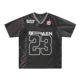 High Street V-neck Short Sleeve Top with Alphanumeric Printing and Patchwork