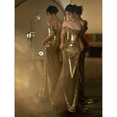 Gold Evening Dress Off-shoulder Sequined Tube Top Bridal Fishtail Gown for Women - Florence Luxe