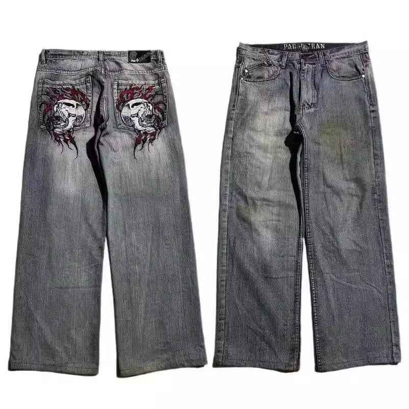 American Retro Washed-out Jeans for Men - Wide-leg Workwear Design Casual Style